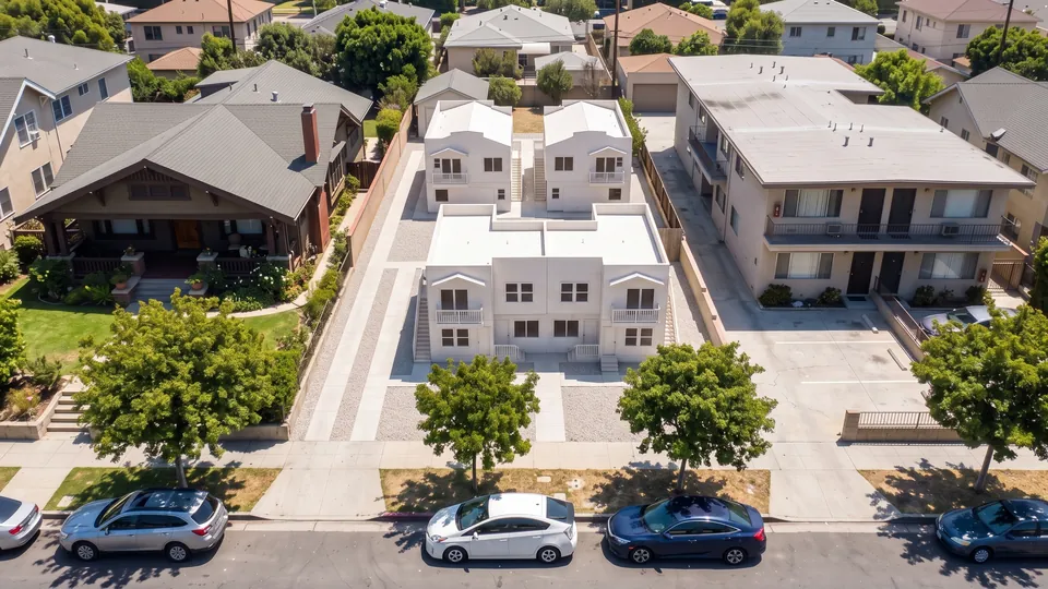 AI illustration: a white study model of a duplex and two backyard homes on the same lot