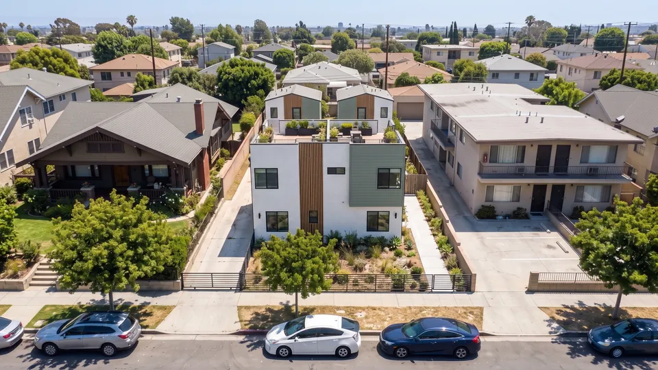 AI illustration: the finished duplex and two backyard homes on the lot
