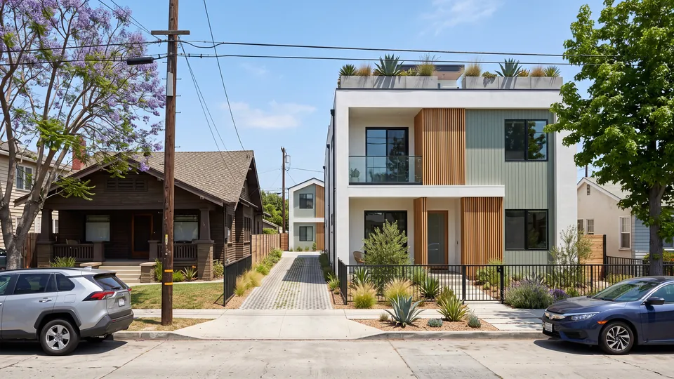 AI illustration: the finished duplex seen from across the street