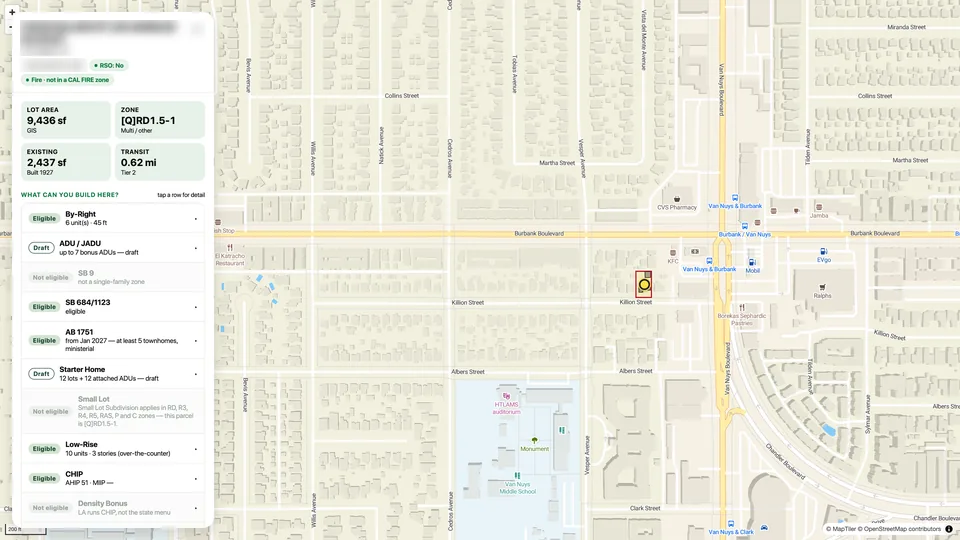 Brick Work map: an RD1.5 lot in Van Nuys with its build options listed, SB 684 marked eligible