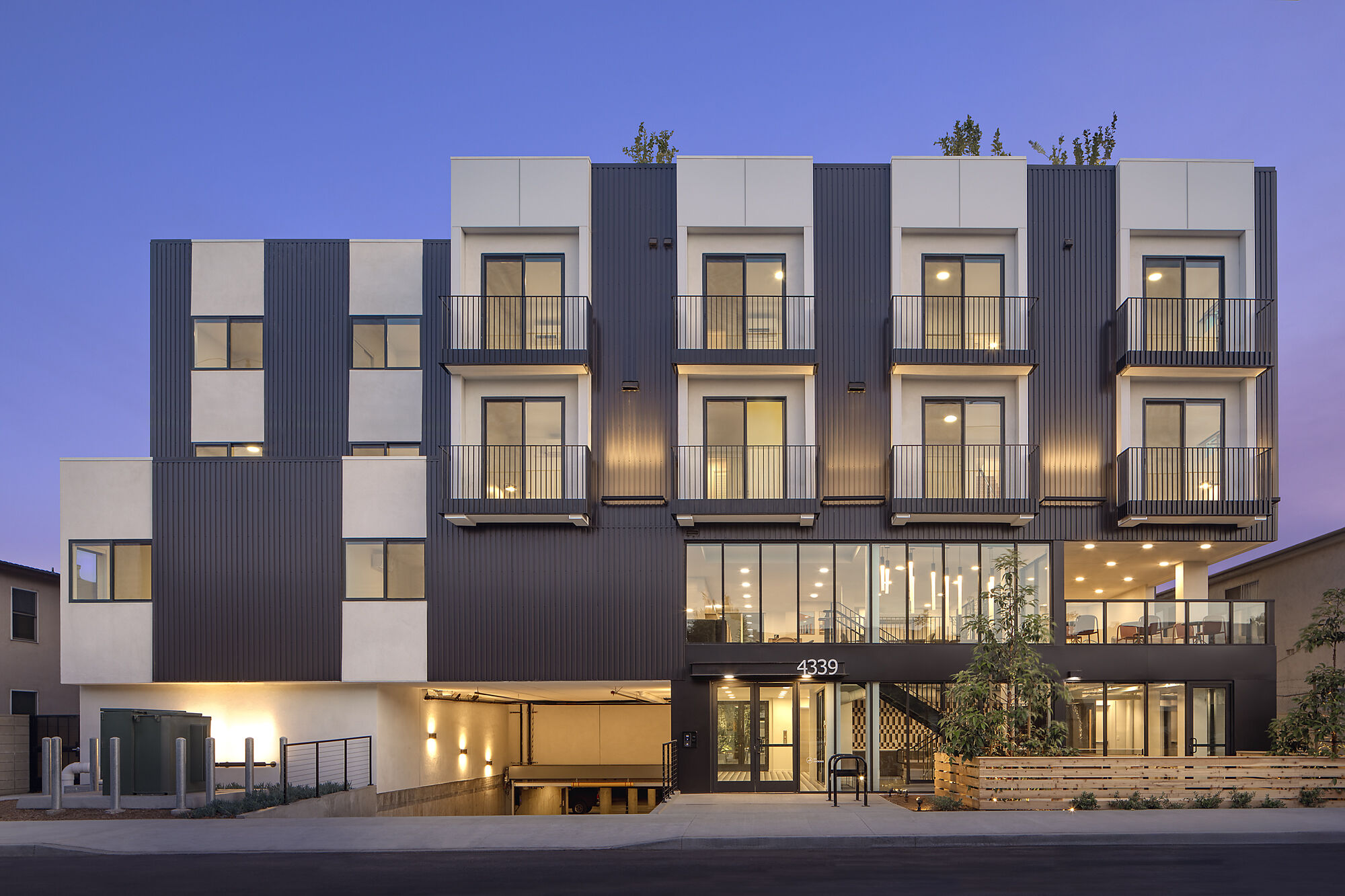 Completed Brick Work infill building at dusk, Los Angeles